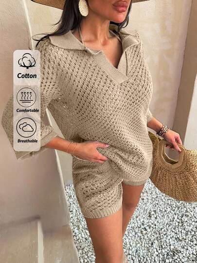 EURMUSE Casual Oversized Mesh Knit Top With Polo Collar - Perfect For Layering In Black Set With Shorts