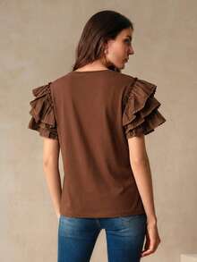 Anewsta Women's Spring Round Neck Petal Sleeve Frill Trim Splice Short Sleeve Casual T-Shirt - Coffee Brown - View 2