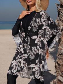 Swim Mulvari 3pcs Women's Minimalist Burkini Set, Includes One-Piece Swimwear, Printed Cover-Up Pants And Jacket, Vacation Middle East Style Burkini Outfit - Black - View 3