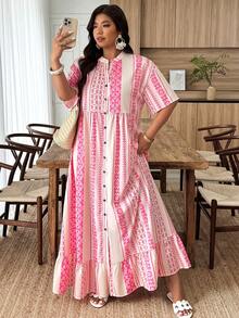 Weeklong Plus Size Women Spring/Summer Solid Striped Print Casual Vacation Shirt Dress - Multicolor - View 4