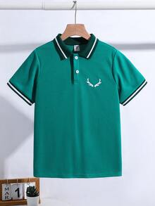 SHEIN 青少年男童休闲校领短袖Polo衫 - 墨綠色 - 查看 5