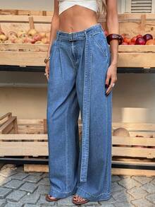 Selianne Women's Casual Washed Mid-Waist Wide Leg Jeans - Medium Wash - View 5