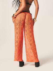 MISSGUIDED Women's Crochet Wide Leg Low Rise Palazzo Pants Beach Cover Up Summer Casual Orange Drawstring Trousers - Orange - View 3