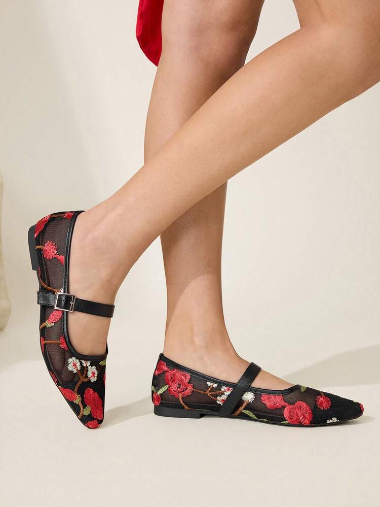CUCCOO CHICEST Women's Spring/Summer New Embroidered Pattern Buckle Design Square Toe Comfortable Minimalist Flat Sandals, Versatile For Commute, Casual, Party, Afternoon Tea, Holiday Gift Elegant Shoes Wedding Shoes