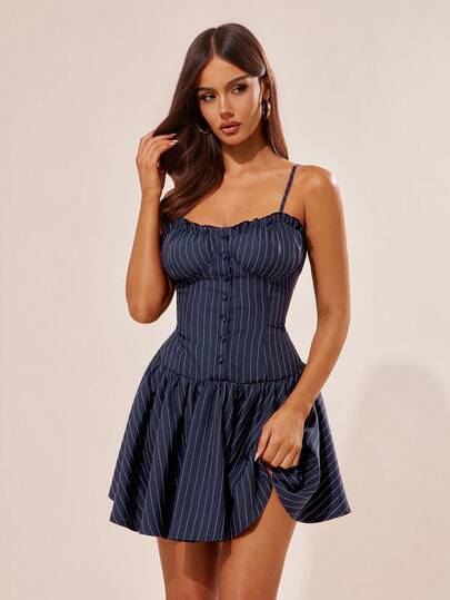 Radiana Sexy Elegant Cute Distinctive Navy Blue Striped Mini Pleated Dress, Pleated Tight Bustier Mini Dress, Waist Cinched Dress, Puff Dress, Pleated Dress, Princess Dress, Suitable For Casual Outings, Urban, Commute, Dates, Parties, Birthdays, Nights Out, Cocktail Parties, Nightclubs, Gatherings, Island Vacations, Beaches, Holidays