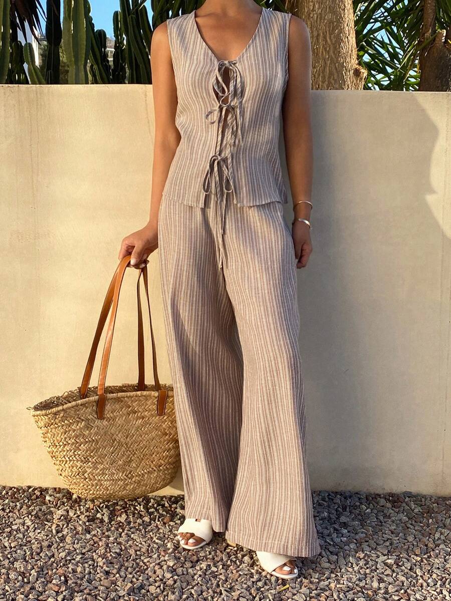 DAZY Conjunto de 2 piezas de camiseta de tirantes con lazo y pantalones de pierna ancha a rayas, para mujer, para primavera/verano - Marrón - Ver 1