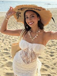 Soleia 女士纯色蕾丝褶皱胸部迷你连衣裙 - 杏色 - 查看 1