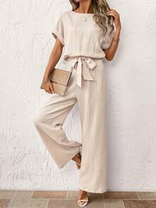 SHEIN Clasi Waist Cinching Hollow-Out Knit Jumpsuit, Suitable For Casual Daily Wear Or Vacation - Khaki - View 3