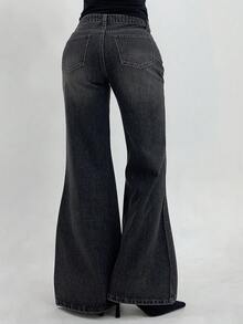 DAZY 女士宽松喇叭破洞水洗牛仔裤，饰有水钻，韩版风格 - 灰色 - 查看 6