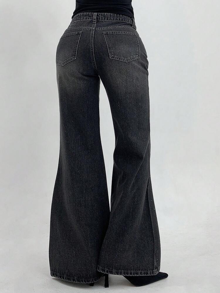 Women's Loose Flared Distressed Washed Denim Jeans With Rhinestones, Korean Style