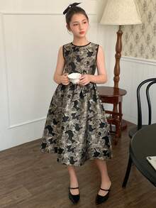 Dazy Kids Tween Girl Round Neck Jacquard Pleated Party Dress - Black - View 5