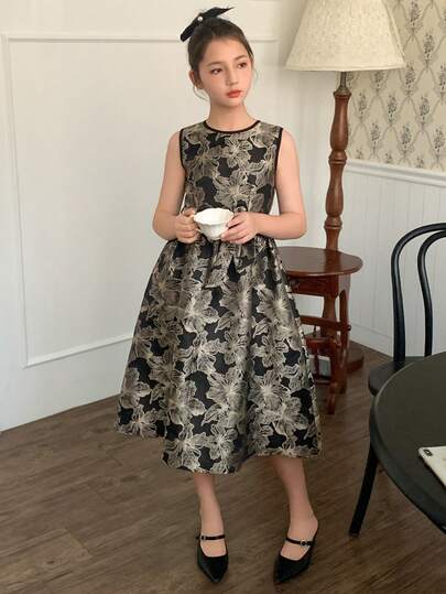 Dazy Kids Tween Girl Round Neck Jacquard Pleated Party Dress