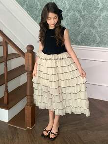 Dazy Kids 青少年女孩拼色圓領荷葉邊下擺無袖洋裝 夏季陽光洋裝 - 黑色 - 查看 9