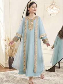 SHEIN 少女金色丝带撞色网纱开衫和V领连衣裙两件套 - 青碧色 - 查看 2