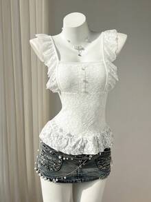 Elamini Women's Sweet & Cute Casual Daily Lace Fabric Cap Sleeve Square Neck All-White T-Shirt, Fashionable & Versatile For Spring/Summer - White - View 5