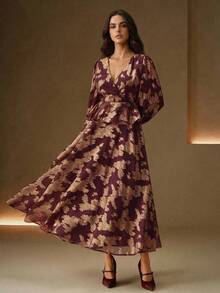 Anewsta 女士春季法式V领收腰长款红色连衣裙，饰有箔印图案，优雅 - 酒紅色 - 查看 6