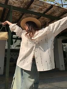 女士通勤优雅亚麻染色长袖衬衫，小众百搭设计上衣 - 杏色 - 查看 6