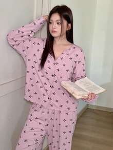 Dazy Plus 2pcs/Set Casual Bow Print Loose Fit Top And Pants Pajama Set, Plus Size Women Spring/Autumn - Pink - View 4