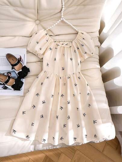 Young Girls Apricot Cute Bow Print Fashionable Puff Sleeve Long Bow Decor Comfortable Spring/Summer Dress