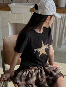 Dazy Kids Tween Girl Letter, Leopard Print, Star Graphic Round Neck Short Sleeve Casual T-Shirt - Black - View 4