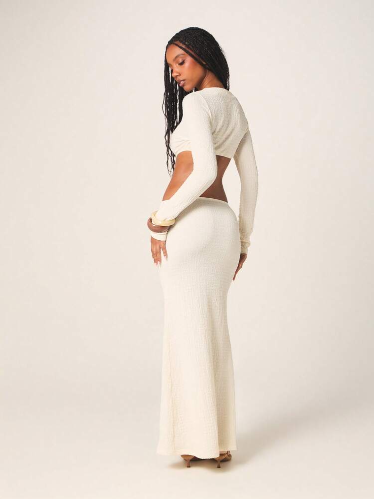 MISSGUIDED Textured Long Sleeve White Maxi Dress With Waist Cut Out And Diamante Crystal Trim Detail For Evening Party Occasions