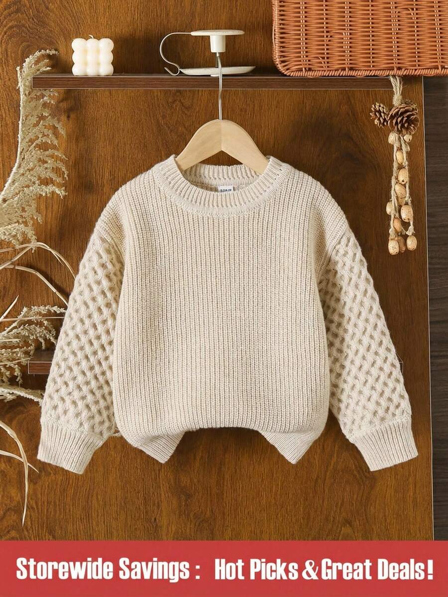 SHEIN 女童圆领长袖落肩纯色毛衣,百搭可爱,适合派对穿着,针织衫,秋冬皆宜。 - 杏色 - 查看 1
