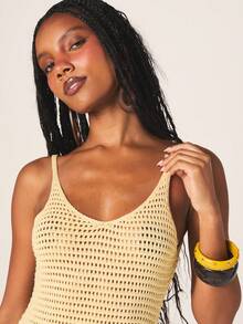 MISSGUIDED Women's Crochet Mini Dress With Fringe Hem Sleeveless Summer Beach Vacation Bodycon Fit V Neck Tank Style Yellow Casual Sundress - Yellow - View 5