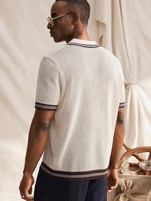 RONVEXI Men's Contrast Trim Hollow Out Polo Collar Knit Short Sleeve Top - Apricot - View 7