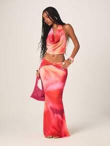 MISSGUIDED Gradient Halter Neck Crop Top And Maxi Skirt Two Piece Co-Ord Set Sunset Ombre Tie Back Sleeveless Summer Outfit - Multicolor - View 1