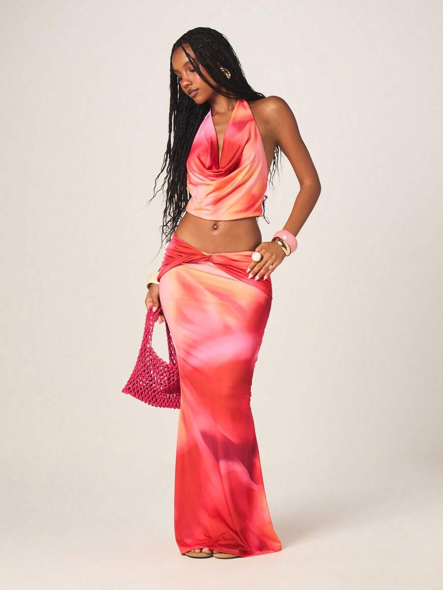 MISSGUIDED Gradient Halter Neck Crop Top And Maxi Skirt Two Piece Co-Ord Set Sunset Ombre Tie Back Sleeveless Summer Outfit - Multicolor - View 1