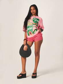 MISSGUIDED Women's Oversized Pink Graphic T-Shirt With Mixed Text Print And Short Sleeves Casual Summer Top With Fruit Design Elements - Pink - View 3