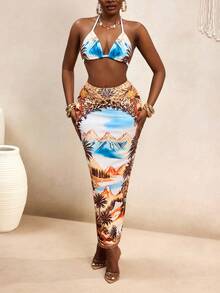 BamGleam Women's 2-Piece Set: Tropical Plant Print Backless Tie Strap Tank Top And Bodycon Slit Hem Skirt, Blue, Suitable For Summer Vacation And Beach Outfit - Blue - View 4