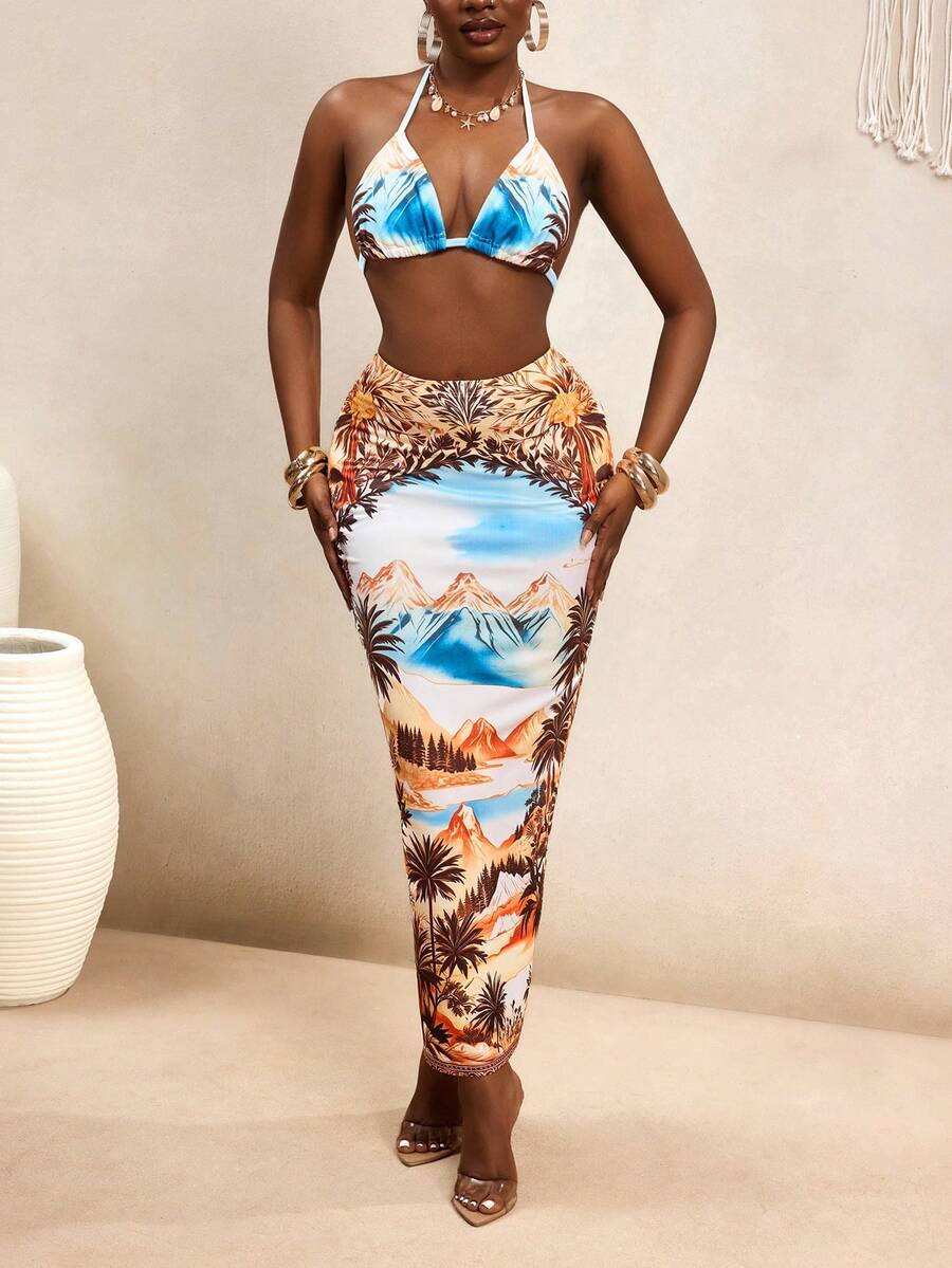 BamGleam Women's 2-Piece Set: Tropical Plant Print Backless Tie Strap Tank Top And Bodycon Slit Hem Skirt, Blue, Suitable For Summer Vacation And Beach Outfit - Blue - View 1