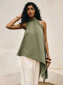 Poéselle Women's Solid Color Lace Patchwork Halter Backless Casual Tank Cotton Top, Halter Neck Top, Olive Green Tops, Sleeveless Top, Sage Green Tops - Army Green - View 4