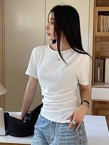 FRIFUL Women's Round Neck Ribbed Bodycon Short Sleeve Split Hem T-Shirt, Summer - Black - View 5