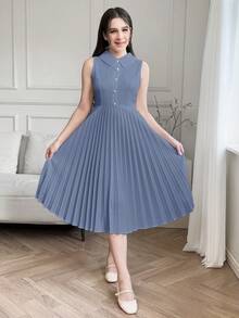 SHEIN Teen Girls Vintage Elegant Classic 2 Pieces Set Spring Summer Cape Shawl And Pleated Dress In Blue Vacation For Birthday - Blue - View 6