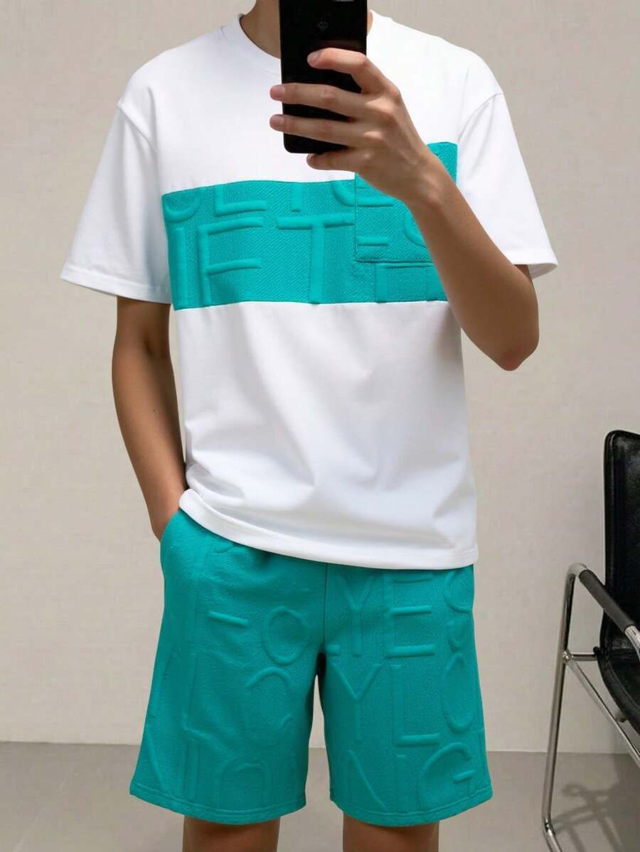 SHEIN Mirajuku 2件套青少年男童夏季撞色字母拼接圆领短袖T恤和户外休闲时尚3D字母运动短裤