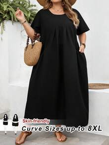 SHEIN CURVE+ Curve 尺码 US22 音乐节、海滨度假、波西米亚风女士纯色长款双口袋休闲沙滩裙 - 黑色 - 查看 10