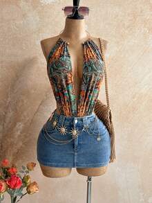 Soleia Áo liền thân gợi cảm thời trang cổ khoét sâu in hình mặt trời dành cho nữ, thích hợp cho kỳ nghỉ. - Nhiều màu - Xem 3