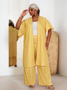 BrightlyHer Set 2 Potong Jubah Lengan Pendek Motif Geometris untuk Wanita Ukuran Besar dan Celana Panjang Lebar - Kuning - View 5