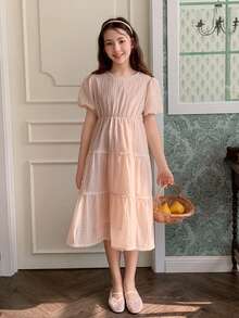 DAZY Tween Girls Cute Bubble Short Sleeve Round Neck Dress, Fall - Apricot - View 1