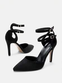 Glitzique 秋冬季女士高跟鞋，踝带镂空设计，优雅派对风，细高跟鞋 - 黑色 - 查看 10