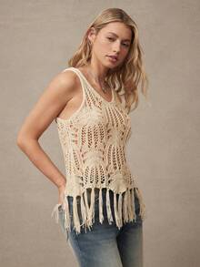 WESTFADE Apricot V Neck Sleeveless Open Knit Tassel Fringe Hem Crochet Top,Summer Boho Vacation Holiday Resort Wear,Cute Casual Nashville Cowgirl Festival - Apricot - View 4