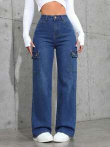 PANTALON MEZCLILLA DAMA SEMI CAMPANA CON BOLSAS DE CARGO CON UNA CARTERA, COMODO, Y PARA TODA OCASION - AZUL - Ver 2