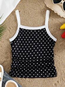 少女夏季柔软波点吊带背心，撞色白色，时尚百搭，适合旅行、日常穿着、上学等多种场合，黑白拼接，非露脐款，黑色吊带背心，露背设计，夏季上衣 - 黑與白 - 查看 2