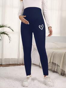 SHEIN Adjustable Waist Maternity Heart Print Leggings - Navy Blue - View 6