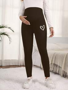 SHEIN Adjustable Waist Casual Leggings With Heart Print For Pregnant Women - Coffee Brown - View 6