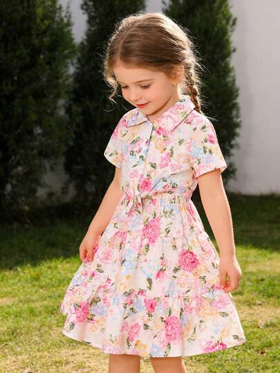 SHEIN 2pcs/Set Young Girl' Floral Pattern Hem Twist Collar Shirt And Floral Maxi Skirt, Suitable For Beach Vacation In Summer