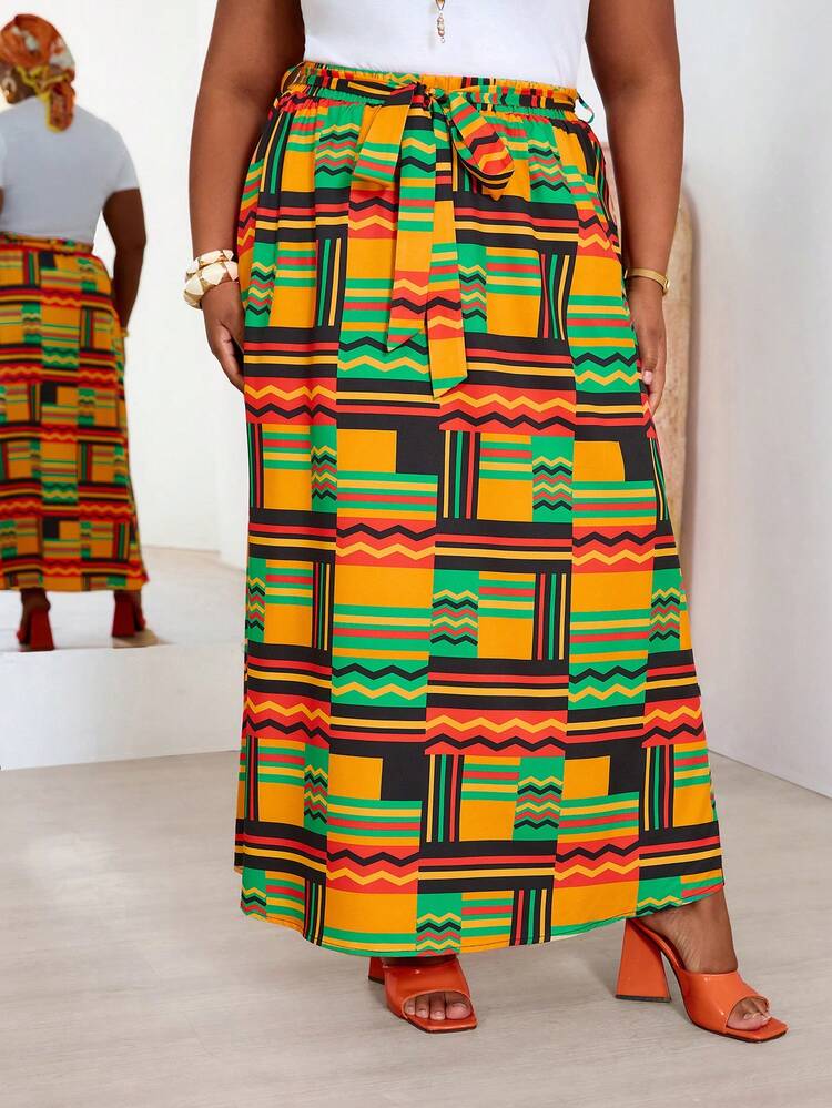 Plus Size Women Patchwork Print Belted Slit Pocket A-Line Skirt African Skirt For Women African Clothes Traditional African Dress Summer Outfits For Women  Beach Outfit For Women  Casual  Vacation Outfits Women Country Concert Outfit Peplum