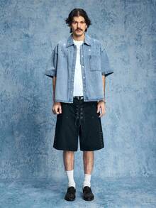 ROMWE MEN Grunge Punk 男士翻领单排扣铆钉休闲百搭日常短袖牛仔衬衫 - 棕色 - 查看 5